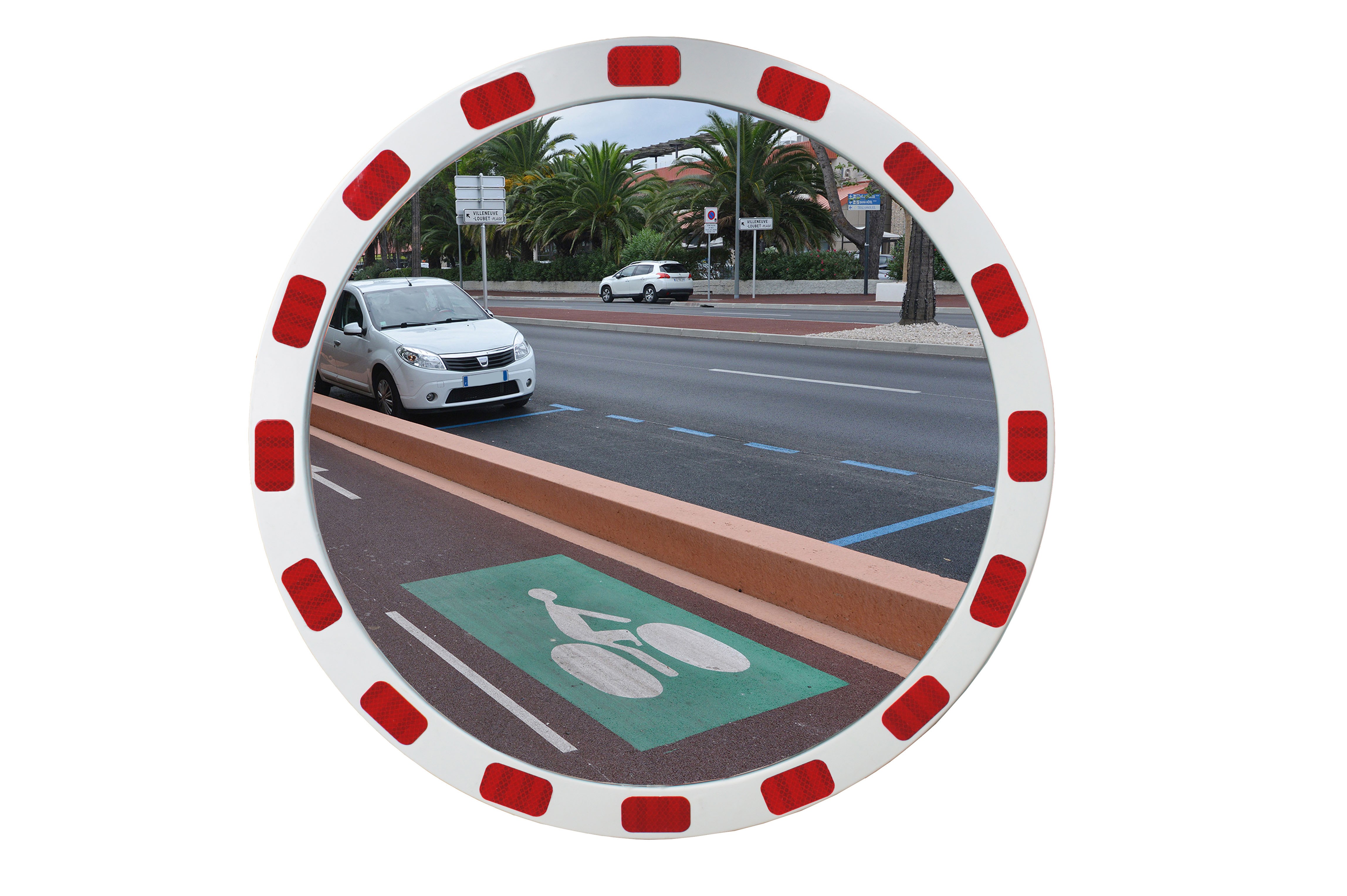 Round safety mirror with reflective stripes
