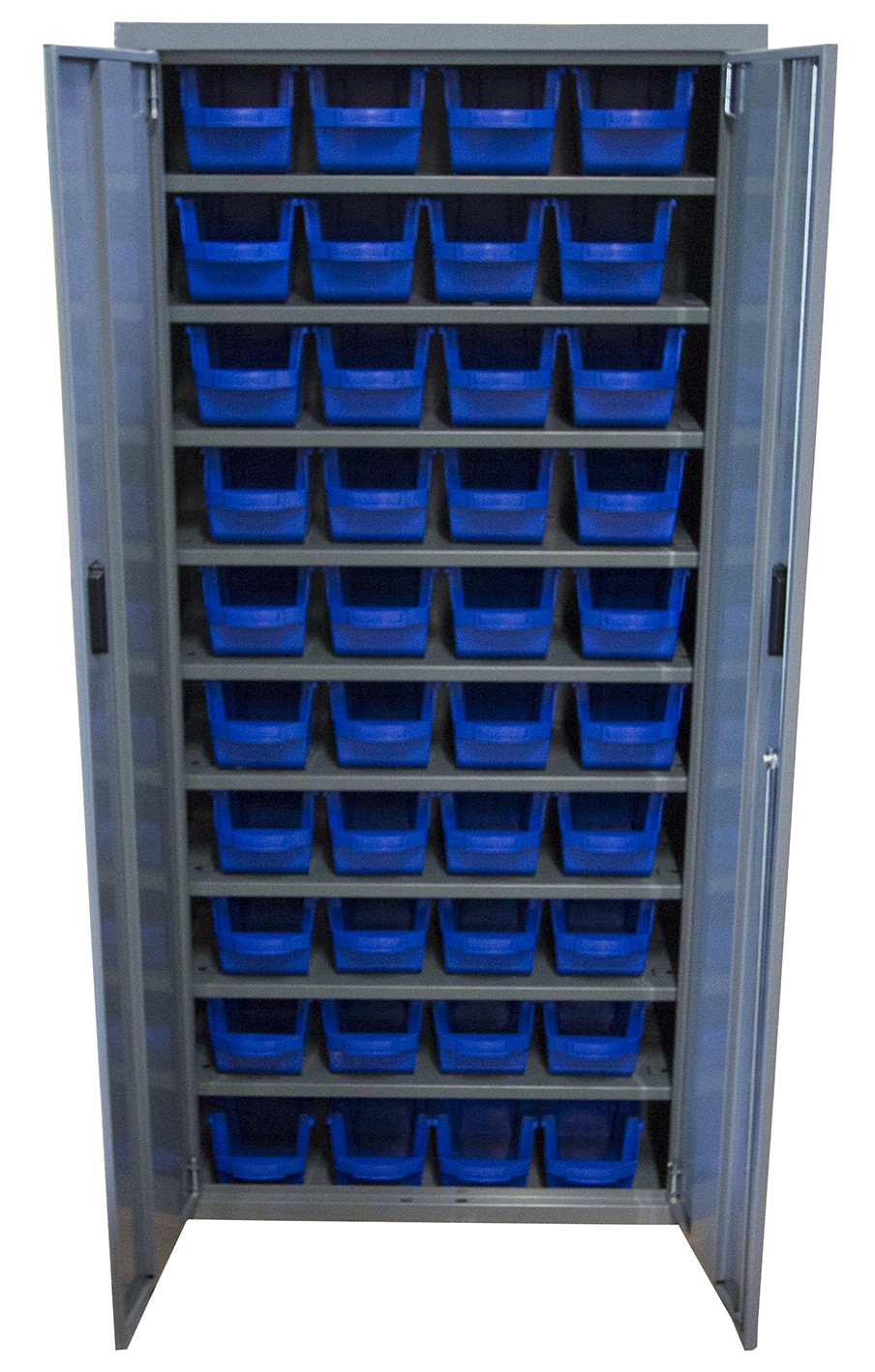 Storage cabinet with bins and doors