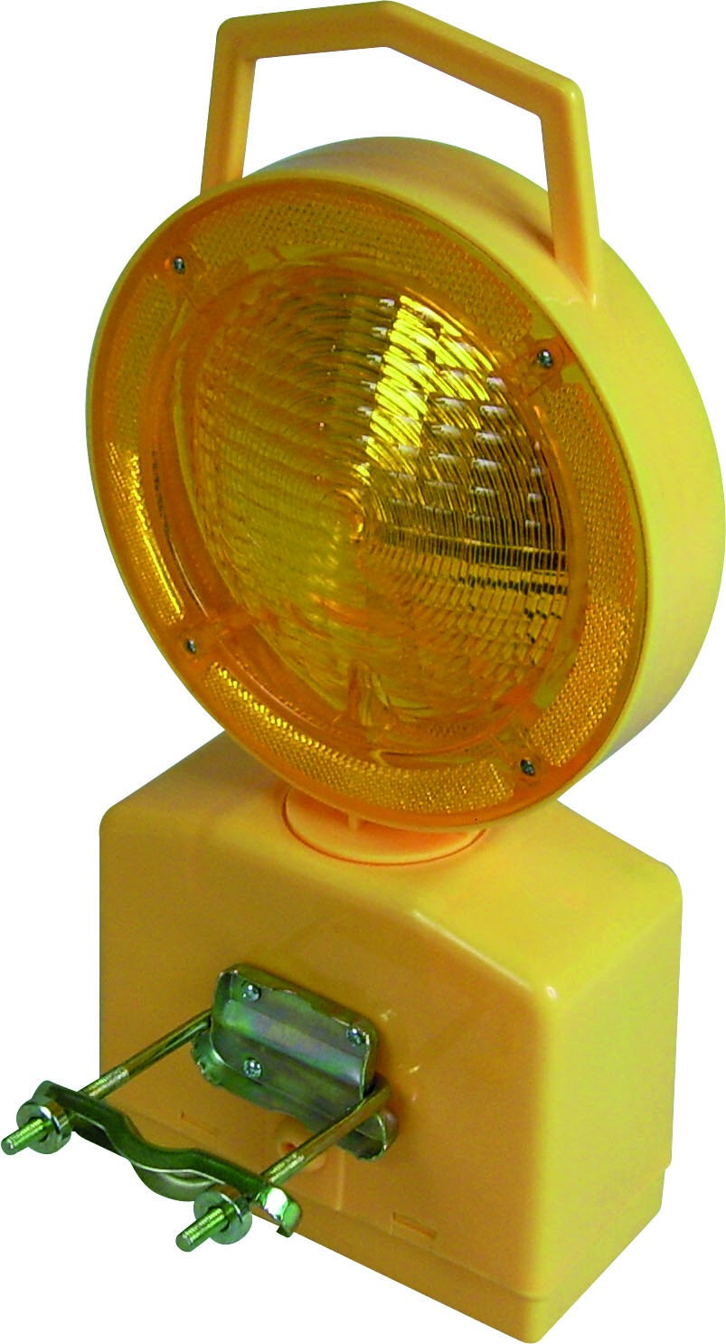 Solar-powered LED flashing construction lamp