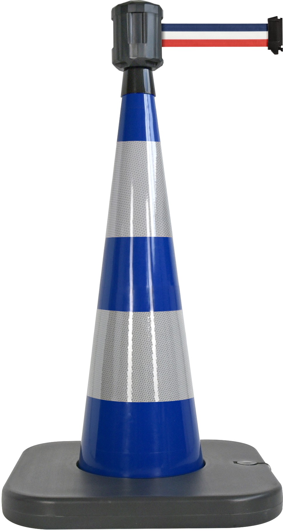 Traffic cone with weighted base and retractable strap