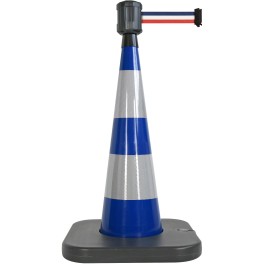 Traffic cone with weighted base and retractable strap