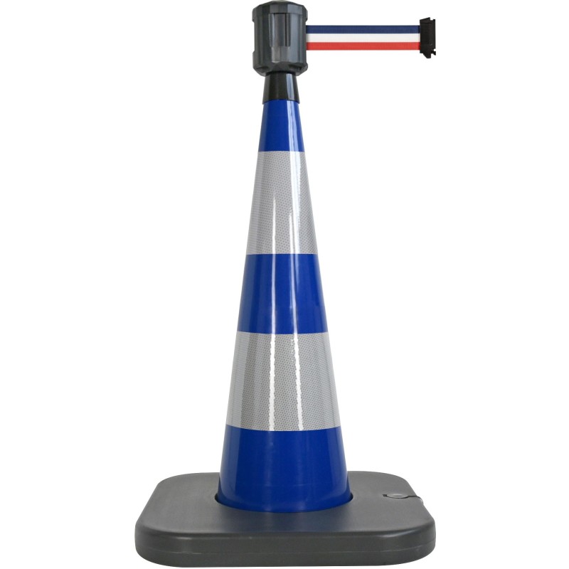 Traffic cone with weighted base and retractable strap