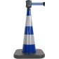 Traffic cone with weighted base and retractable strap