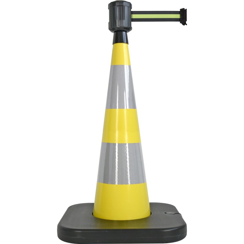 Traffic cone with weighted base and retractable strap