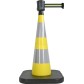 Traffic cone with weighted base and retractable strap