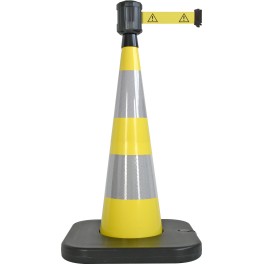 Traffic cone with weighted base and retractable strap