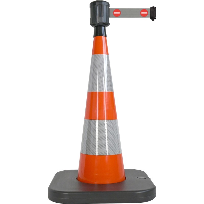 Traffic cone with weighted base and retractable strap