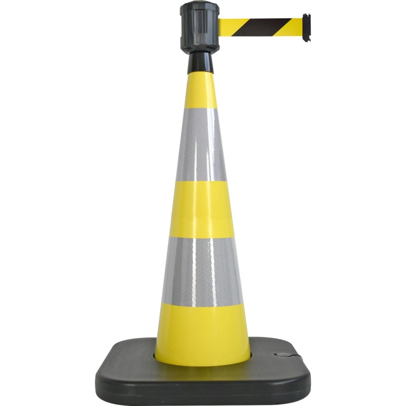 Traffic cone with weighted base and retractable strap