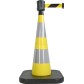 Traffic cone with weighted base and retractable strap