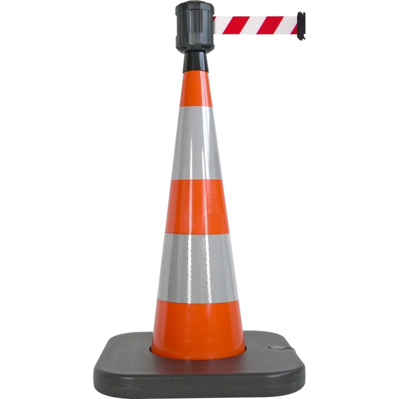 Traffic cone with weighted base and retractable strap