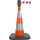 Traffic cone with weighted base and retractable strap