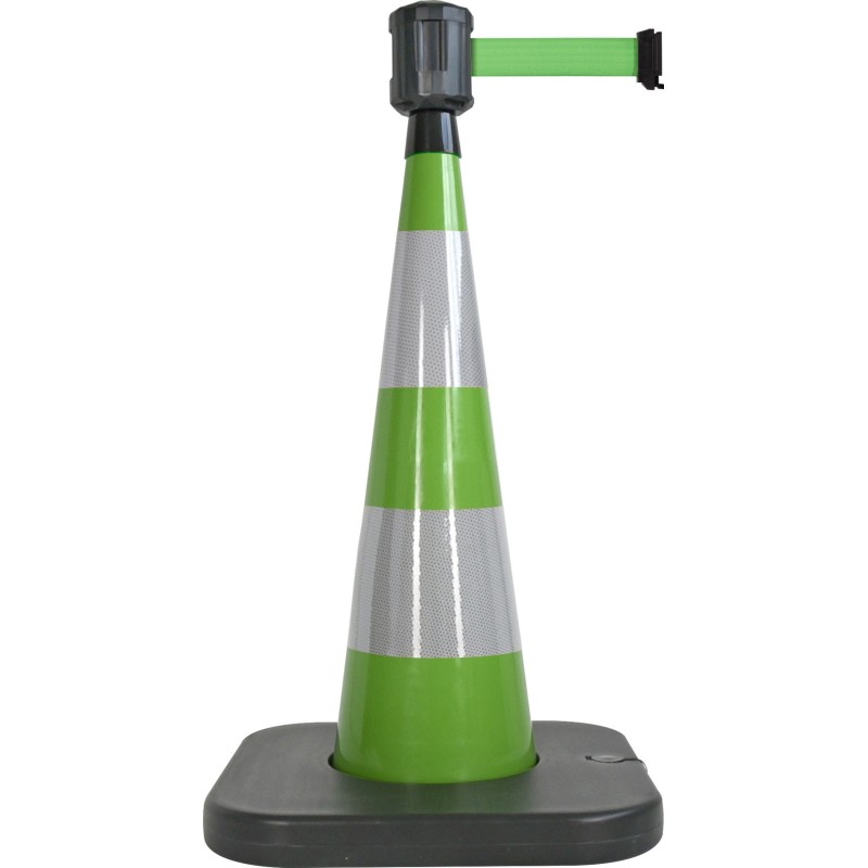 Traffic cone with weighted base and retractable strap