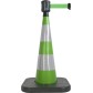 Traffic cone with weighted base and retractable strap